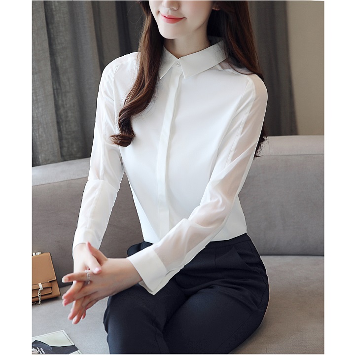 Áo sơ mi nữ Giấu Nút tay dài phối voan mỏng