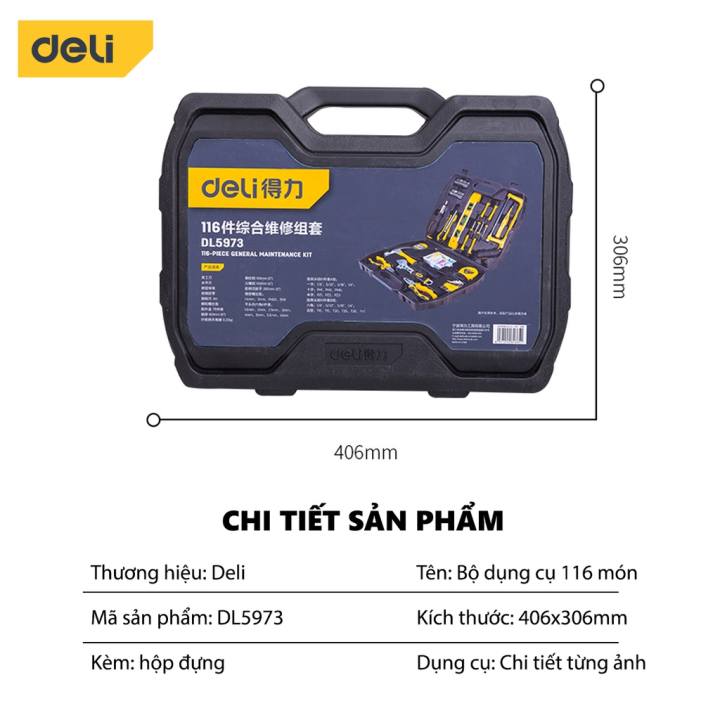 Bộ Dụng Cụ Sửa Đa Năng 116 Chi Tiết Deli Cao Cấp Chính Hãng - Sử Dụng Nhiều Mục Đích, An Toàn, TIện Lợi - DL5973 - Hình ảnh 3