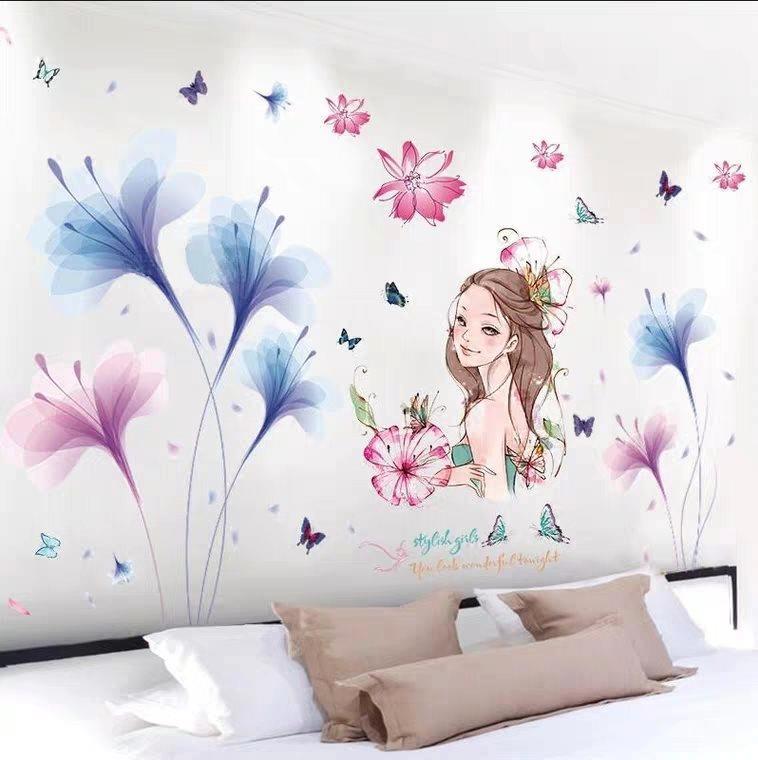Decal dán tường hoa xanh tím và cô gái hoa