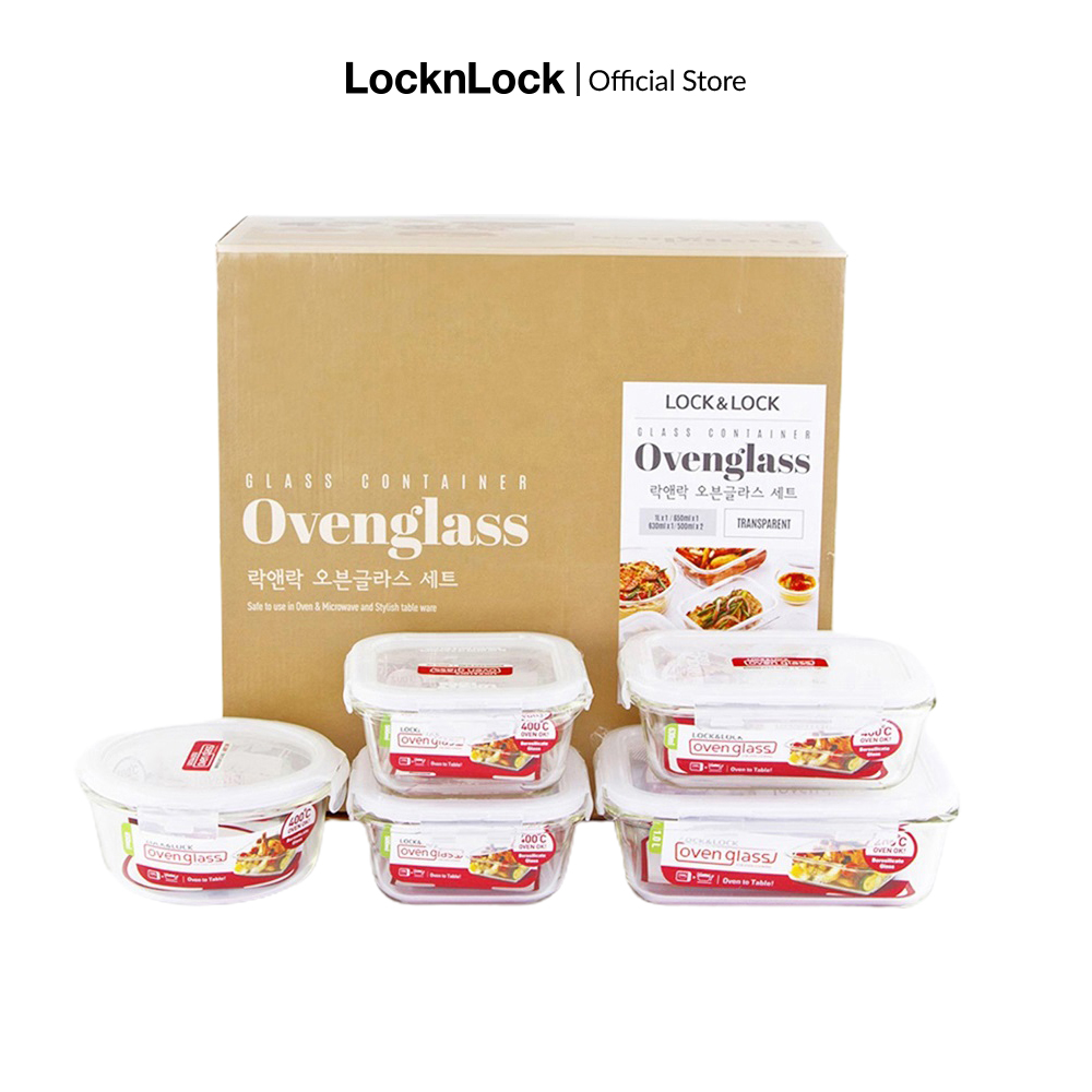 [Duy nhất 23.8 - Mua ngay] Bộ 5 hộp thủy tinh bảo quản thực phẩm Lock&Lock Euro LLG214S5 Nắp đậy 4 chiều kín hơi, thủy tinh chịu nhiệt dùng trong lò vi sóng