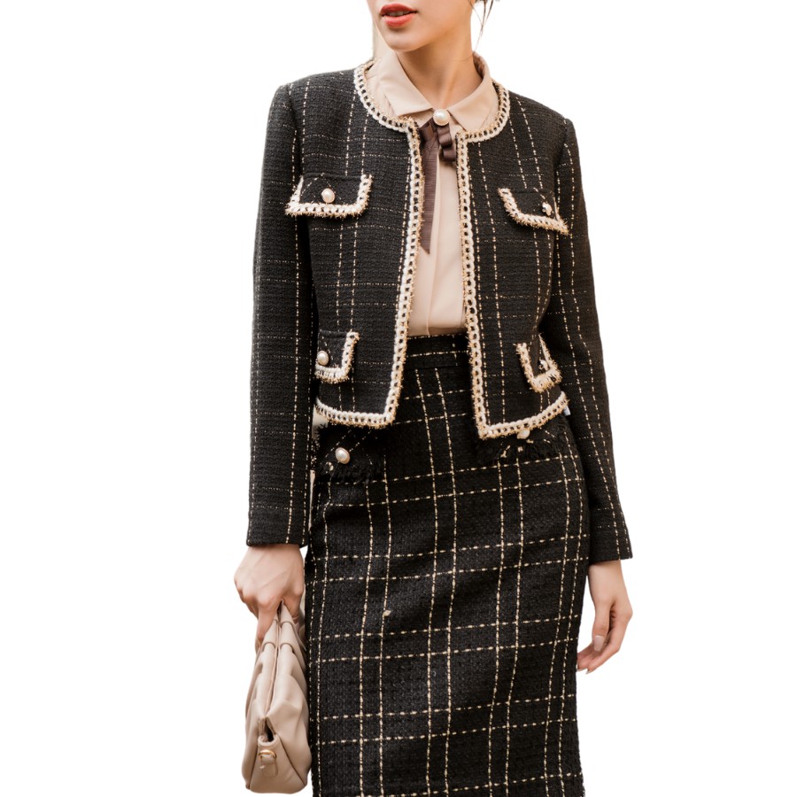 Áo khoác tweed dáng ngắn móc cài a6820037