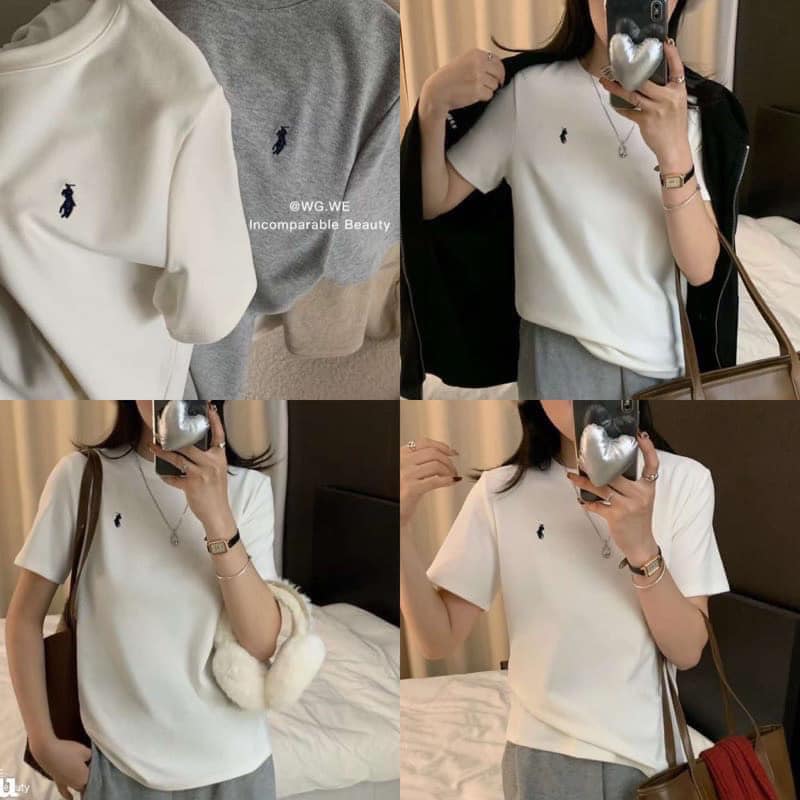 Áo thun cổ tròn thêu ngựa form ôm