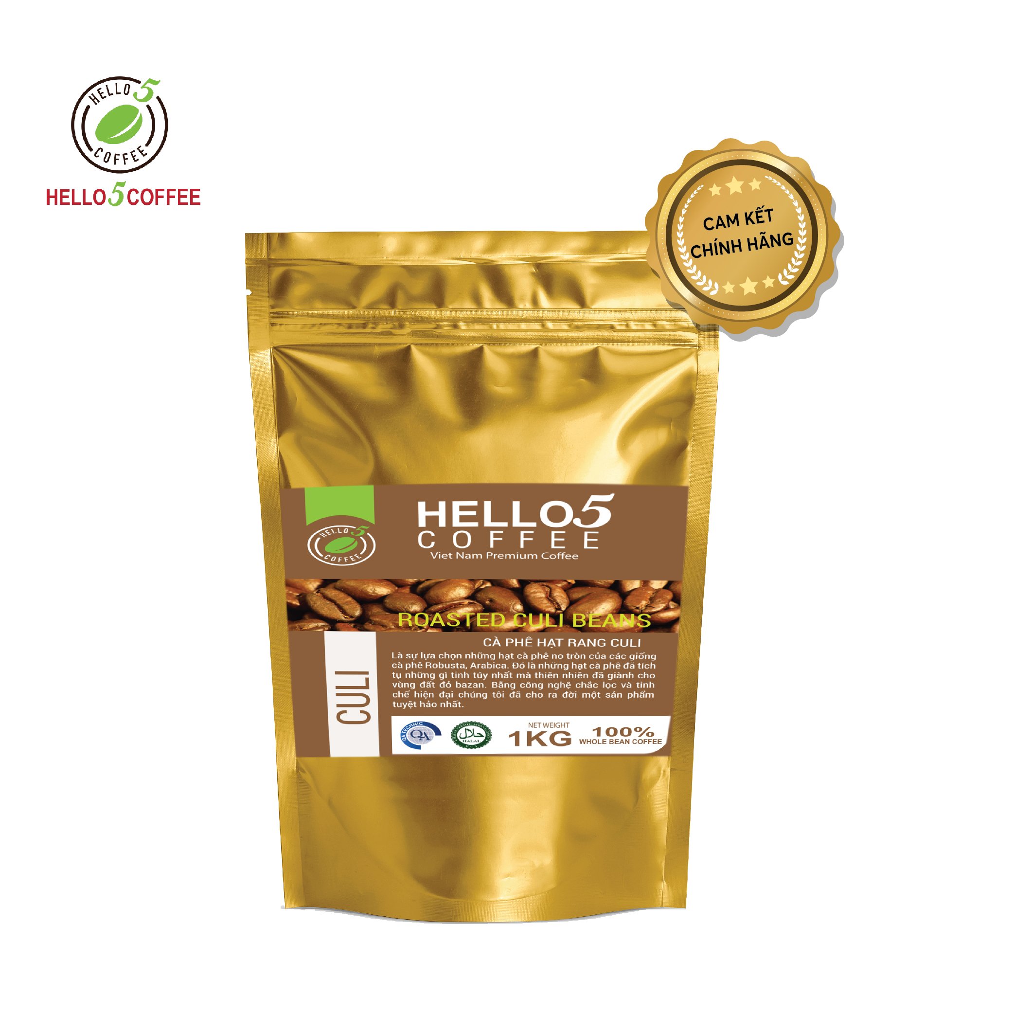 Cà phê hạt nguyên chất Culi (Peaberry) Hello 5 Coffee - Gói 1kg