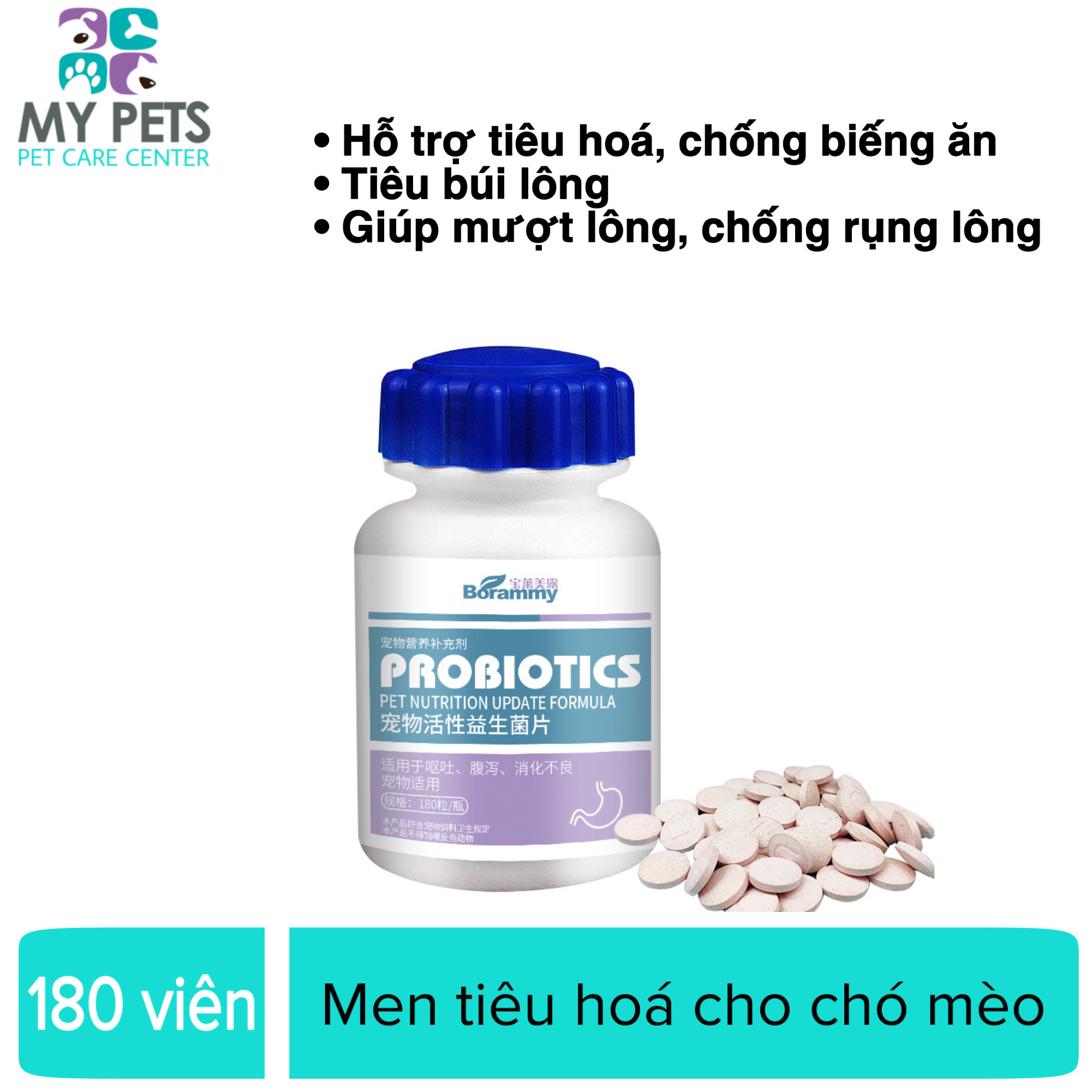 Men tiêu hoá cho chó mèo Probiotic Borammy dạng viên nén dễ dàng cho ăn - Lọ 180 viên