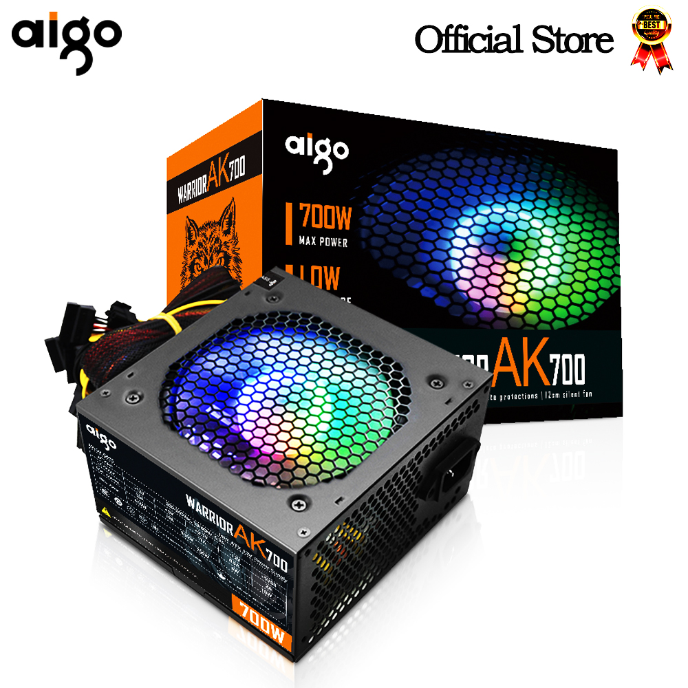 Aigo AK 700W PC PSU Power Supply unit Black Gaming Quiet 120mm rgb Fan