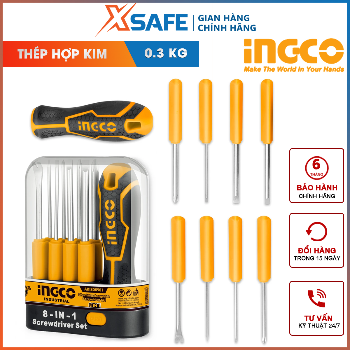 Set head screwdriver 8 details ingco AKISD0901 set screwdrivers multi-purpose material CRV steel size size pointed screw 5mm x 65mm screw notched 3mm x 65mm… Twisted open belt screw [genuine] [xsafe]