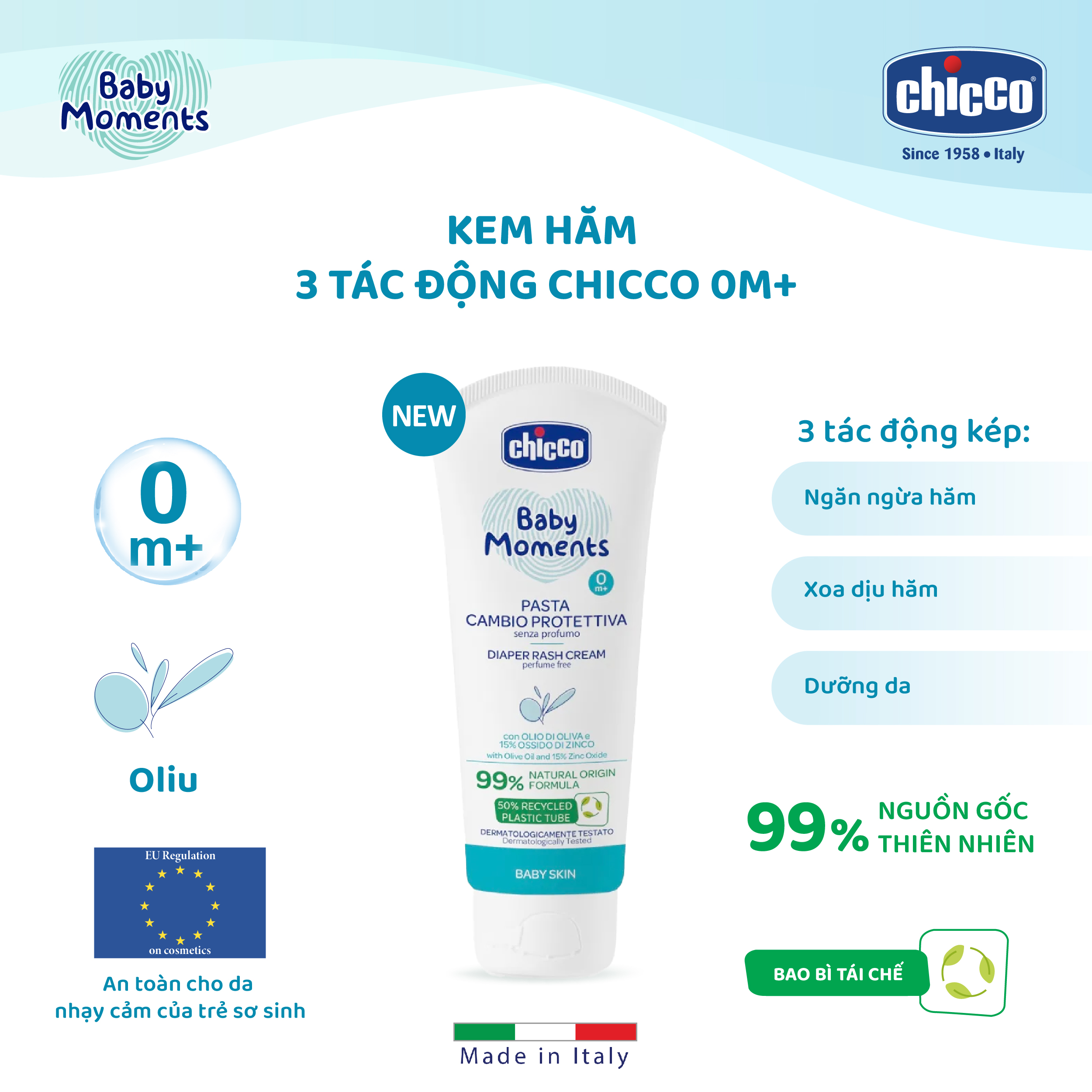 Kem hăm ba tác động Chicco 0M+ 100ml