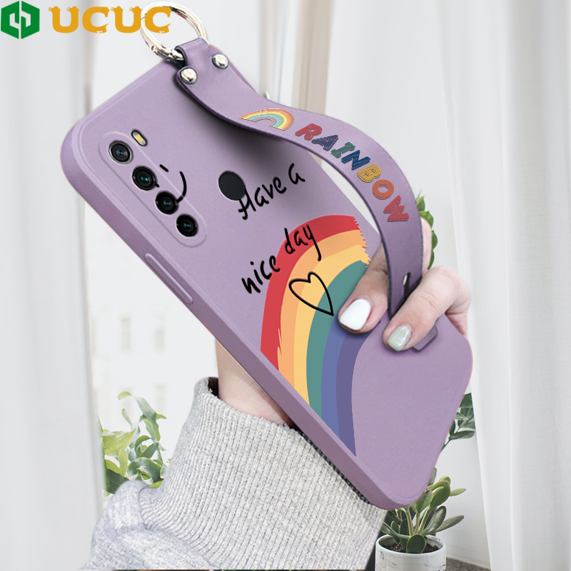 UCUC Phone Case For Xiaomi Redmi Note 8 Note 7 Pro Note 7 (With Wristband) Case For Grils Softcase Rainbow Smile Square Edge Liquid Silicone Casing Full Cover Camera Shockproof Protection Cases