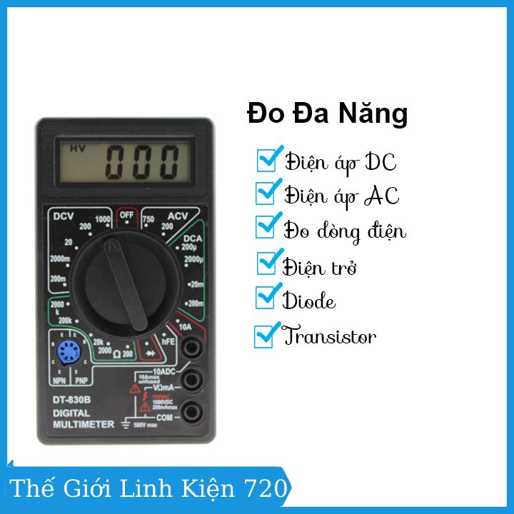 Đồng hồ đo điện tử vạn năng DT830B Digital Multimeter, đồng hồ đo điện đa năng, đo điện áp, ampe, diode... hiển thị kỹ thuật số, đồng hồ đo có kèm pin theo