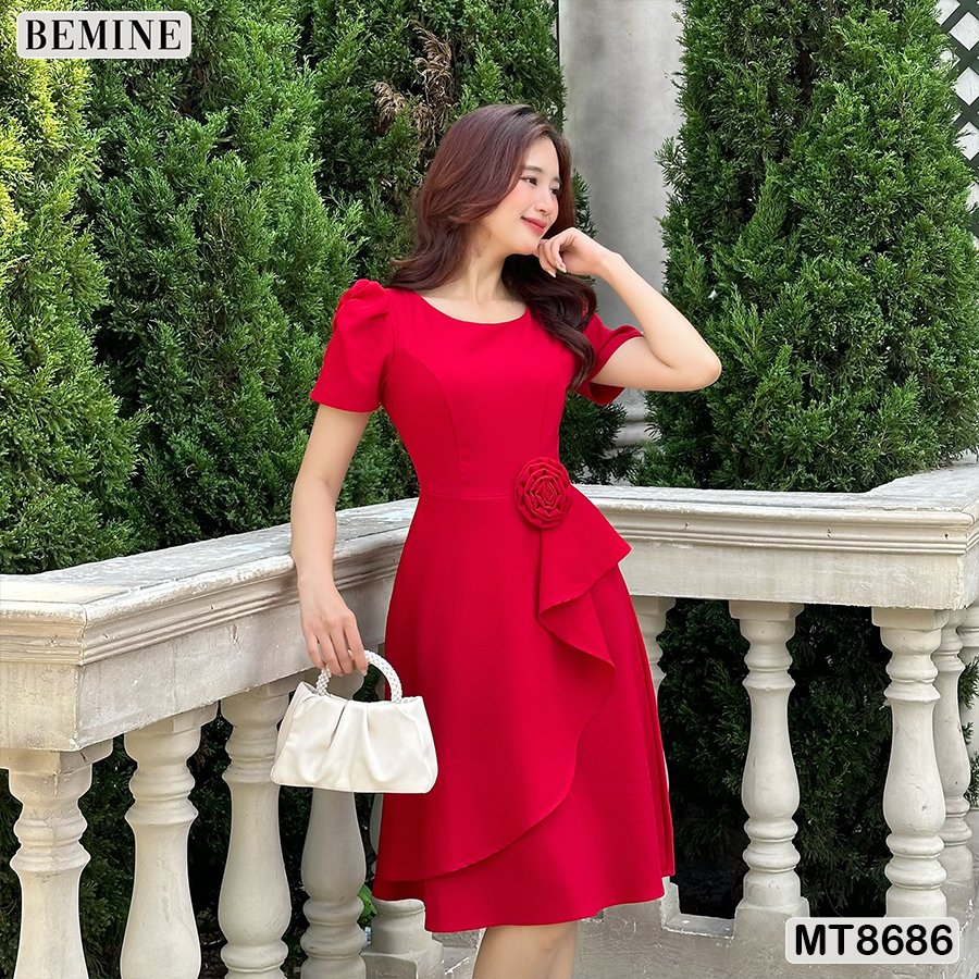 Đầm thiết kế cổ tròn ngă eo đính nơ bemine mt8686