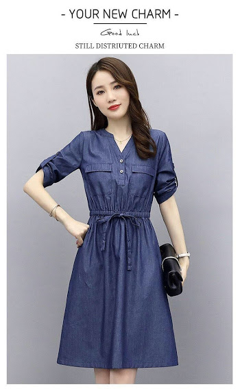 [HCM]ĐẦM JEAN XOÈ EO RÚT CỔ V