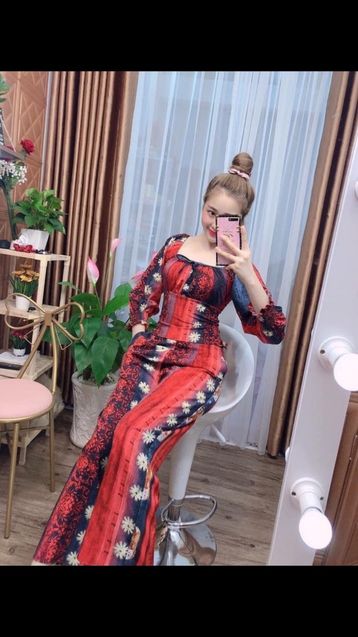 Sét bộ lụa thổ cẩm tay dài cổ vuông-QH#setbolua
