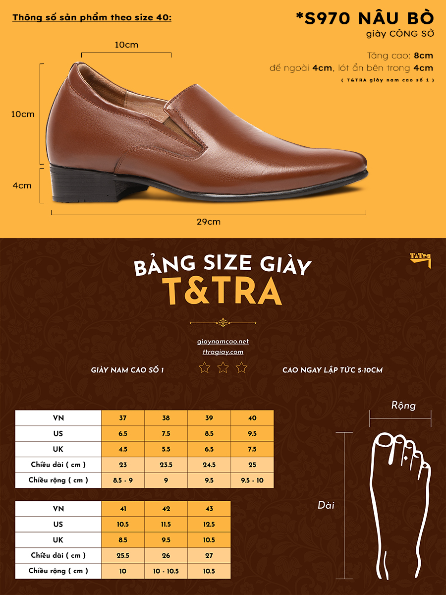 [ 8CM ] Giày Tăng Chiều Cao Nam T&TRA S970NB