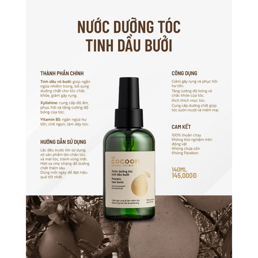 Nước dưỡng tóc tinh dầu bưởi ( pomelo hair tonic ) Cocoon 140ml thuần chay