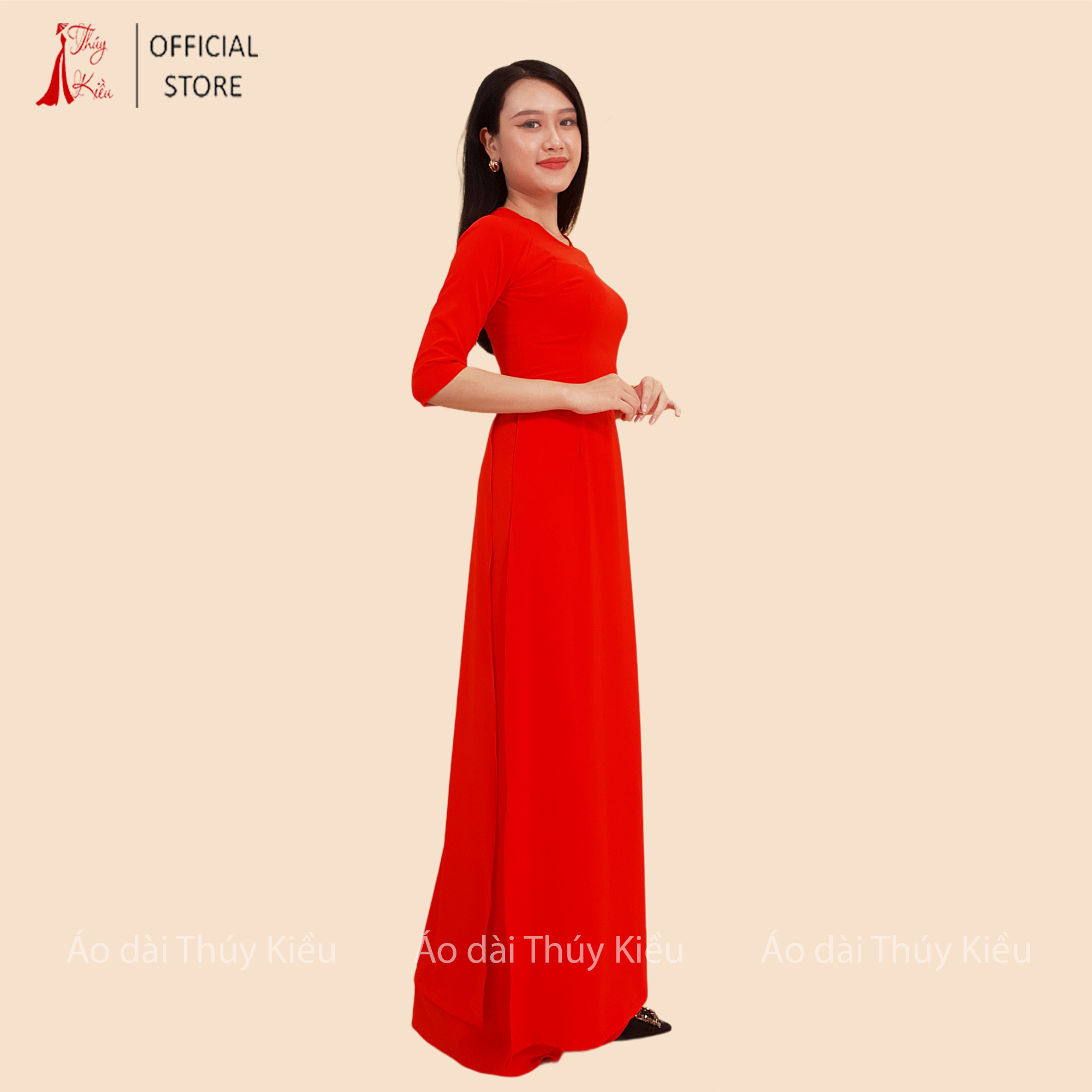 Áo dài trơn lụa Nhật cổ tròn màu đỏ cam AK29 ❤️FREESHIP❤️ mềm mại, co giãn, thấm hút mồ hôi, áo dài truyền thống, áo dài giá rẻ