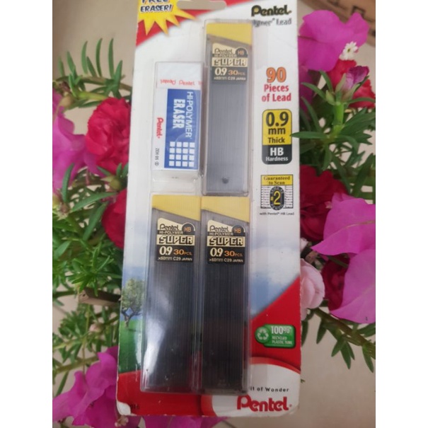 Vĩ 3 hộp ngòi kèm gôm chì pentel 0.9