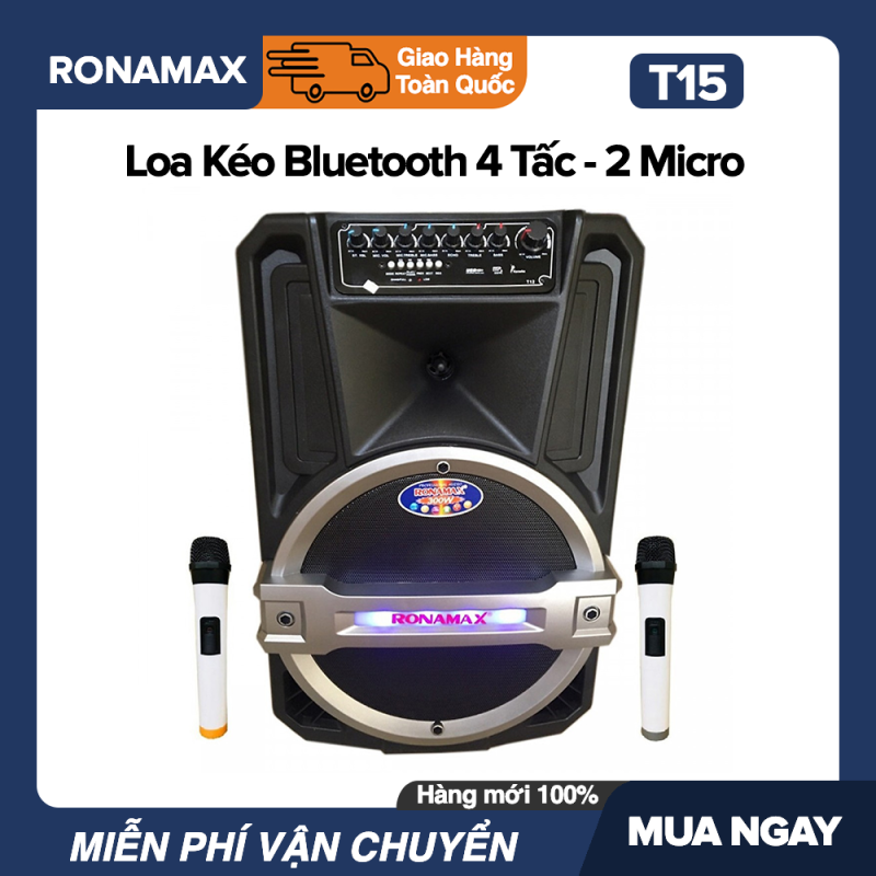 Loa Kéo Karaoke Di Động Bluetooth Ronamax T15 (400W) - 4 Tấc , 2 Mic Đi Kèm, Vỏ Nhựa ABS - Bảo Hành 6 Tháng.bluetooth.karaoke.nghe nhạc.kẹo kéo.mini.bass mạnh.giá rẻ.công suất lớn.led 7 màu.gia đình.cỡ lớn