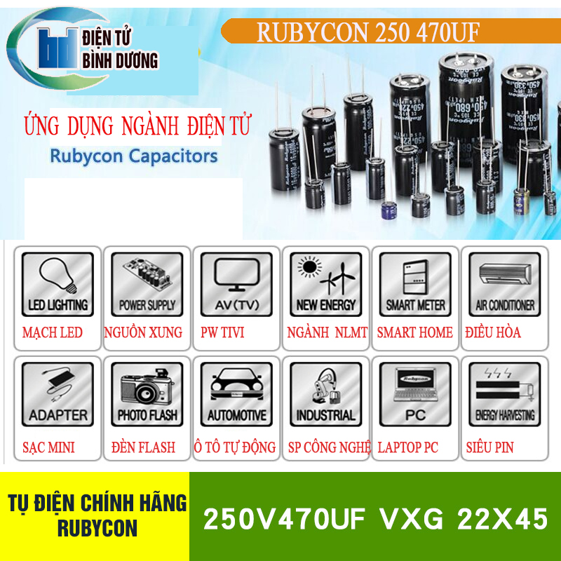 Tụ hóa Rubycon 250V 470uF kích thước 40*22mm mới 100%