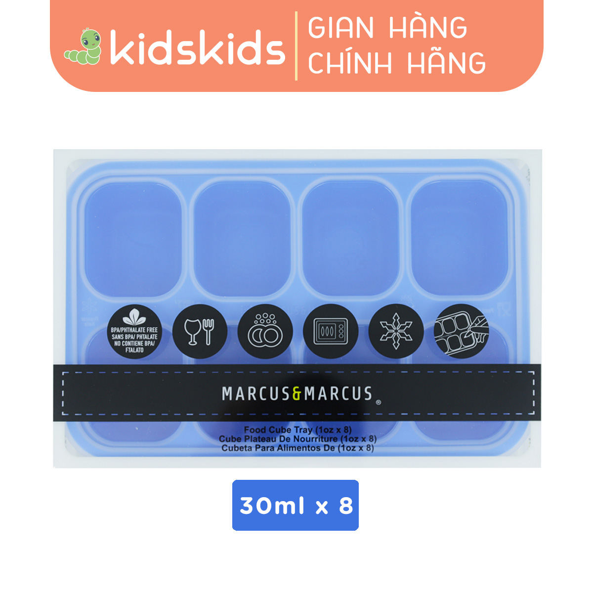 Khay silicon trữ đông đồ ăn dặm cho bé Marcus & Marcus - Lucas (30ml x 8 ngăn)
