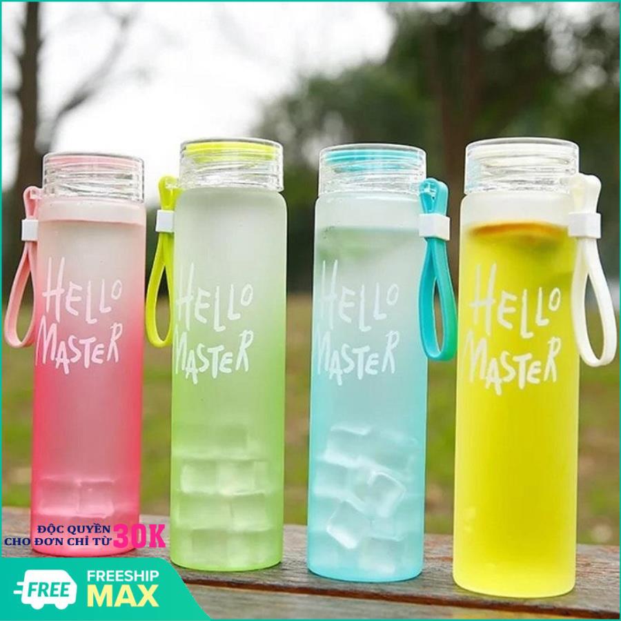 Bình , Bình đựng nước thủy tinh - Bình Nước Thủy Tinh In Chữ Hello Master Dung Tích 400ML - Bình Thủy Tinh Đựng Nước Hello Master nhiều màu