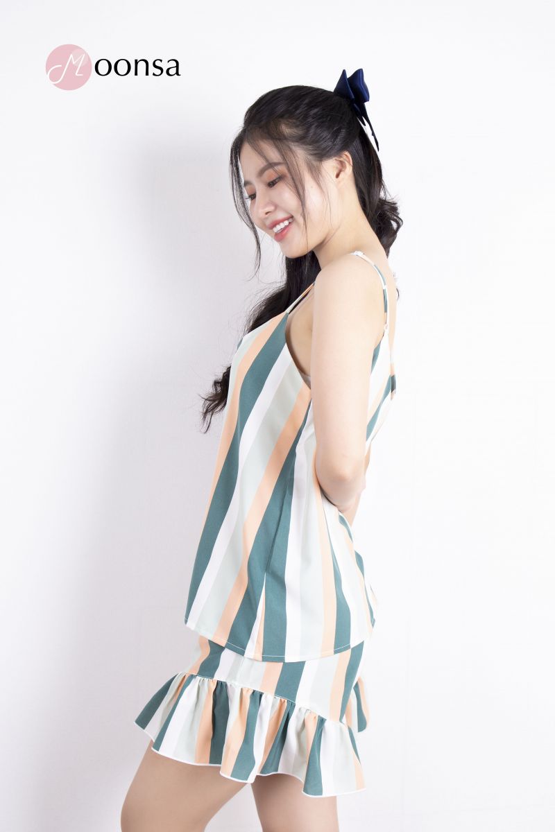 Bộ Đồ Ngủ Lụa Kẻ Sọc Bèo Nhún [Moonsa]