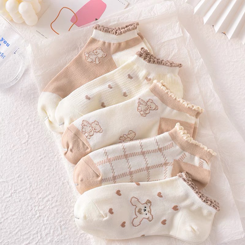 Set 5 đôi tất nữ ngắn cổ gấu nâu viền ren