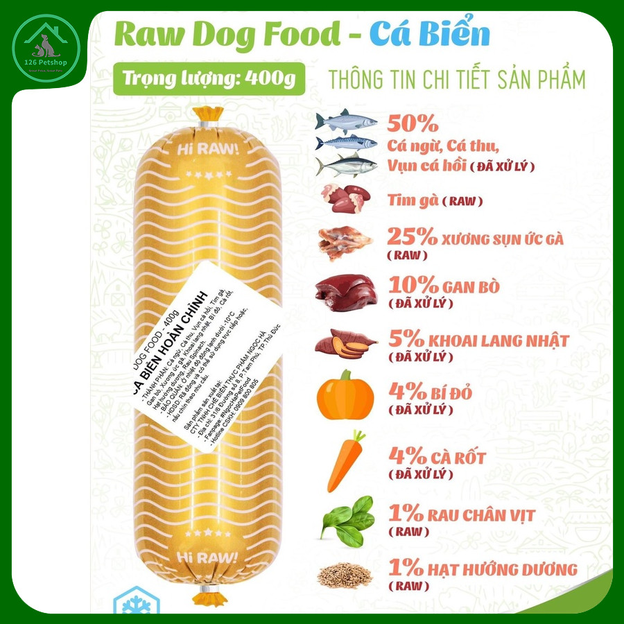 Raw dog food vị cá biển - chế độ ăn dinh dưỡng cho Cún - Cây 400Gr