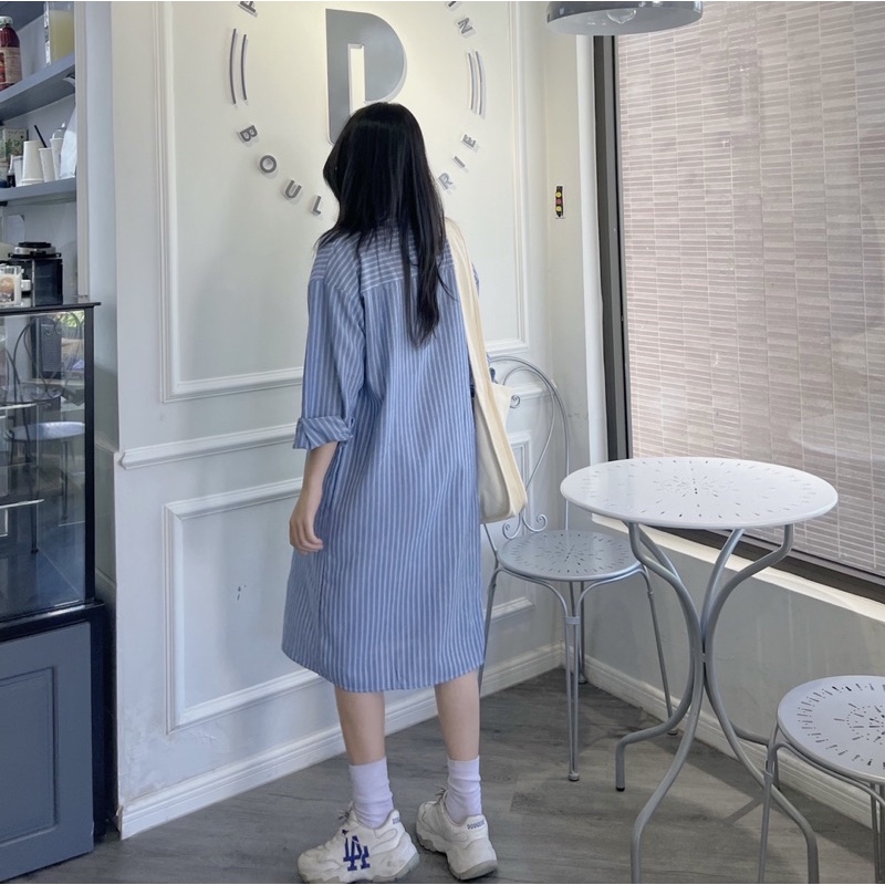 (Oldschoolcloth)ĐẦM SƠ MI SỌC TAY DÀI KÈM ĐAI (ảnh thật/video)