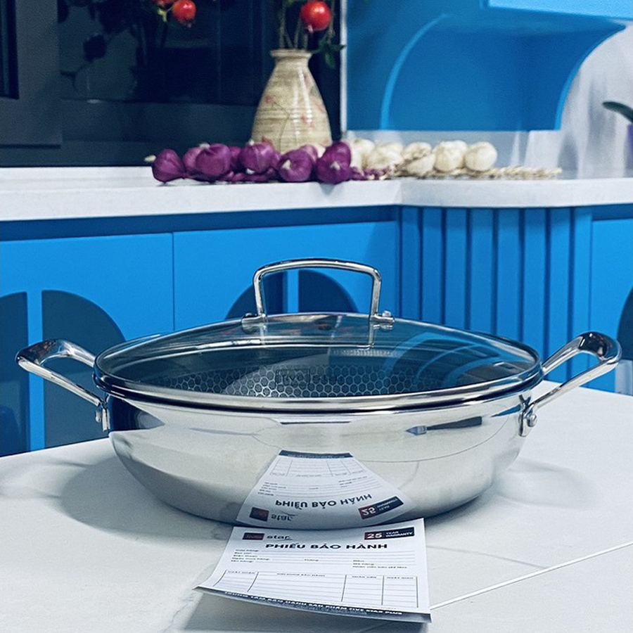 Chảo 2 quai tổ ong chống dính sâu lòng Fivestar Blackcube Inox 304 đáy 3 lớp liền thân cao cấp - Sử dụng bếp từ - Bảo hành 25 năm