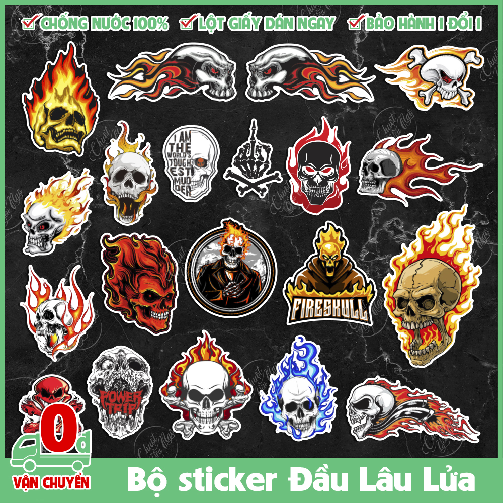 Bộ 20 sticker decal tem xe chủ đề Đầu Lâu lửa Skull chất lượng cao chống nước dán laptop xe đàn guita...