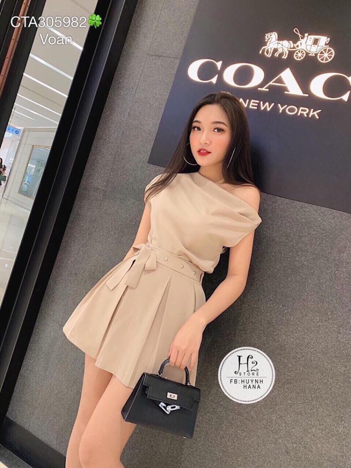 Đầm Nữ ( Váy Nữ ) Lệch Vai Dáng Xòe Thắt Eo Thời Trang Bambo