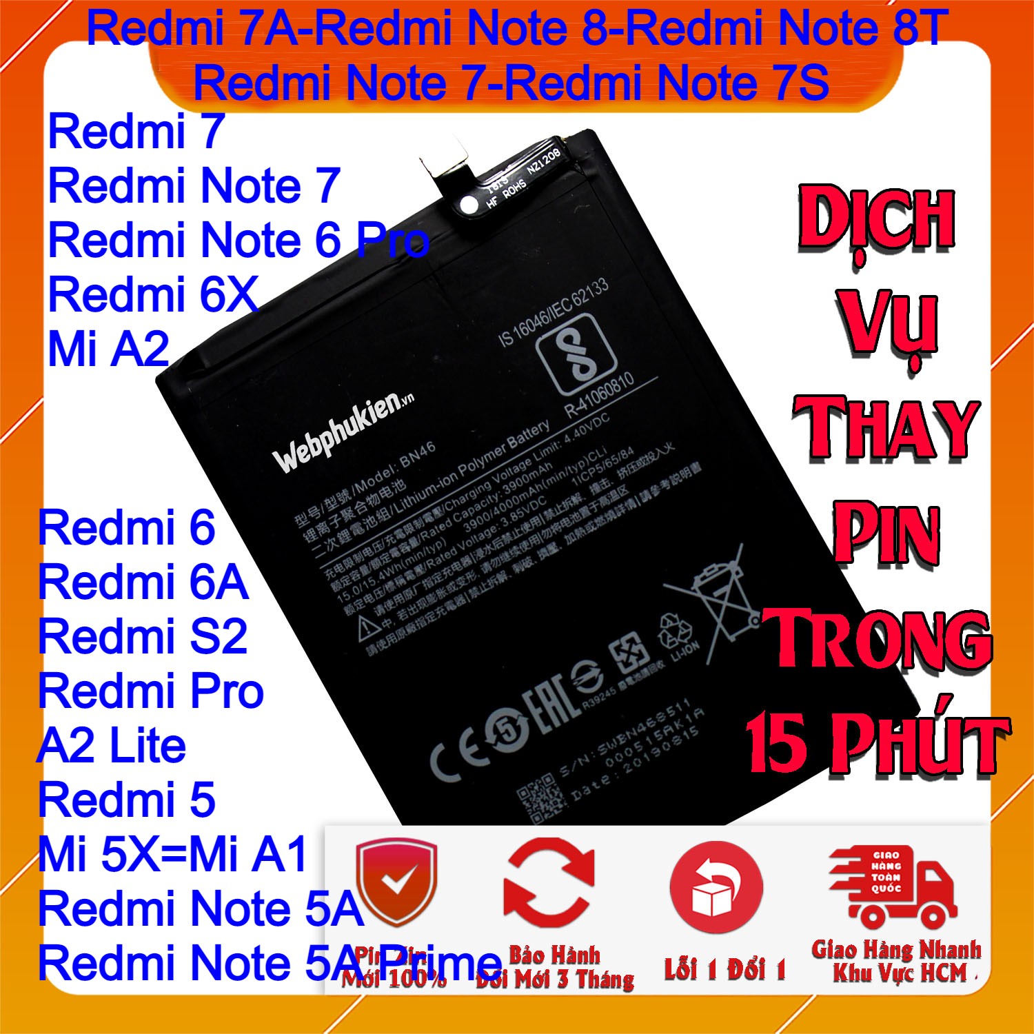 Pin Scud cho Xiaomi Redmi 7, Redmi Note 8, Redmi Note 8T, Redmi Note 7, Redmi Note 7S, Redmi Note 7 Pro, Redmi Note 6 Pro, Redmi 6X, Mi A2, Redmi 6A, Redmi 6, Redmi S2, Redmi 6 Pro, Redmi 5, Mi 5X, Mi A1, Redmi Note 5A, Redmi Note 5A Prime, Redmi 7A