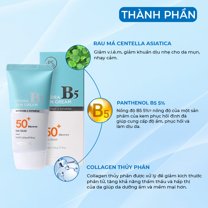 Kem Chống Nắng Phục Hồi Dưỡng Trắng B5 PRETY SKIN Hàn Quốc Hydra B5 Sun Cream 70ML Giúp Bảo Vệ Da Khỏi Tia UVA và UVB Ngưa Ngừa Lão Hóa Cung Cấp Độ Ẩm