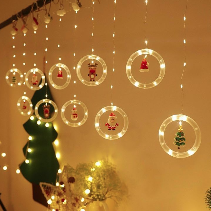 Dây đèn led Noel chớp nháy dài 3M 10 vòng đèn tròn nhiều sticker người tuyết, cây thông, santa,...