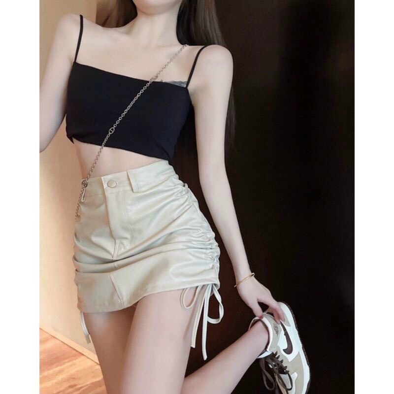 chân váy da dây rút sườn hai bên