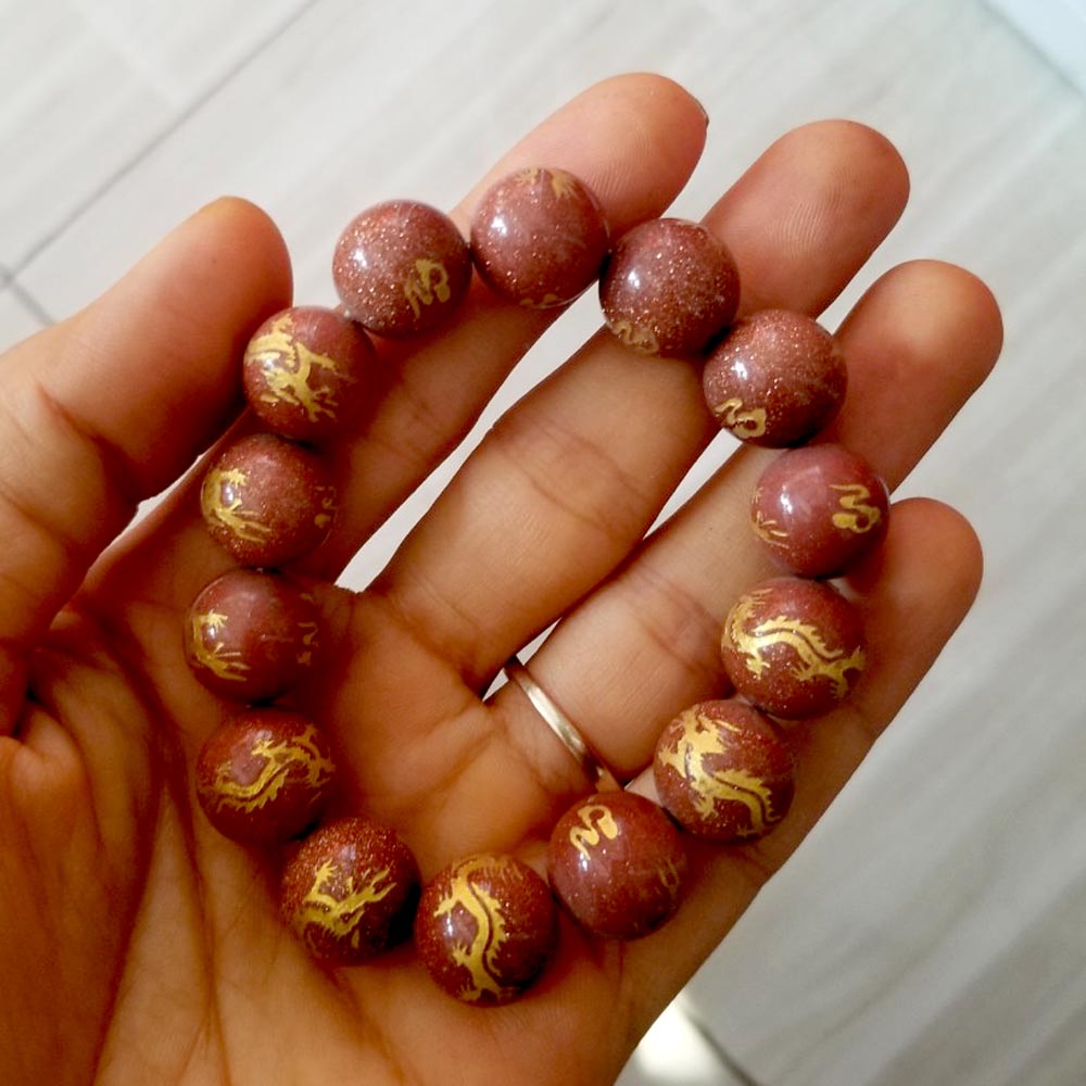 [HCM]Vòng tay chuỗi đá kim sa khắc hình rồng vàng-Nhiều cỡ ly