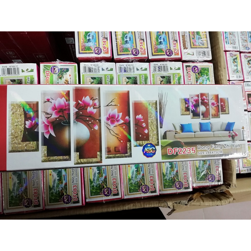 Tranh đính đá 5D bình hoa sen 5 bức - KT 144x75cm (chưa đính đá)