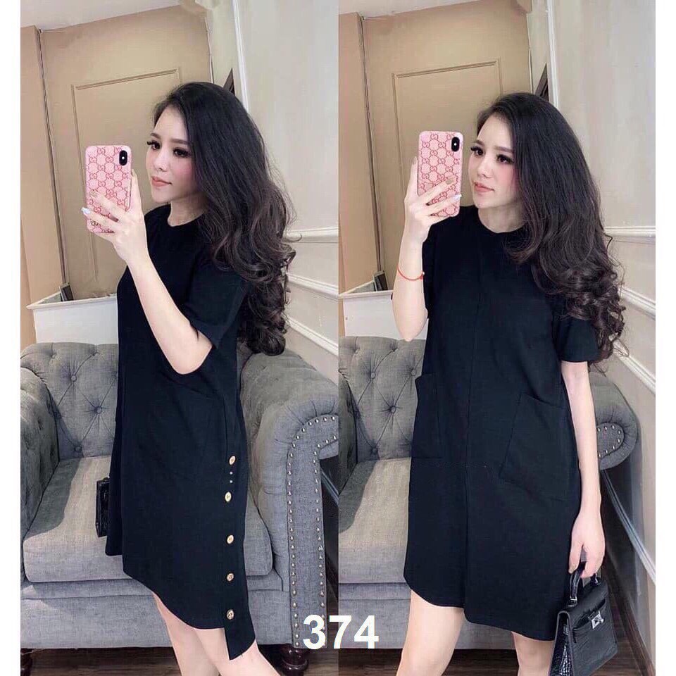Đầm suông nữ phối nút , vải thun cotton ,HP Home