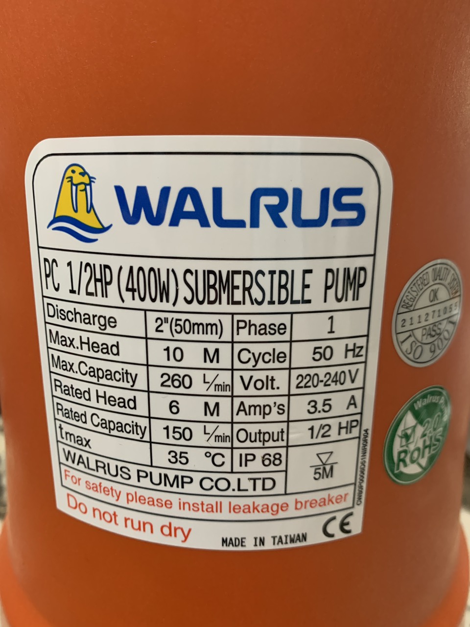 Bơm Nước Thả Chìm 400w WalRus Đài Loan