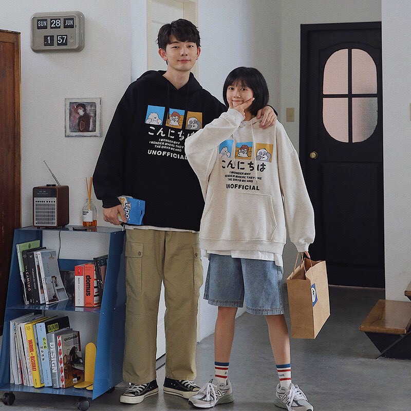 Áo Hoodie Chất Nỉ Dầy Phối Chữ Nhật Kèm Hoạt Hình Gấu Ngộ Nghĩnh Dễ Thương .AT