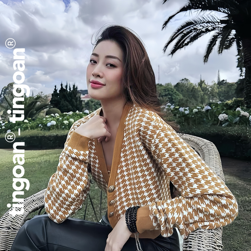 Tingoan® - áo set len xù cardigan lửng tặng kèm quây kẻ nâu happy mood cardigan/yl