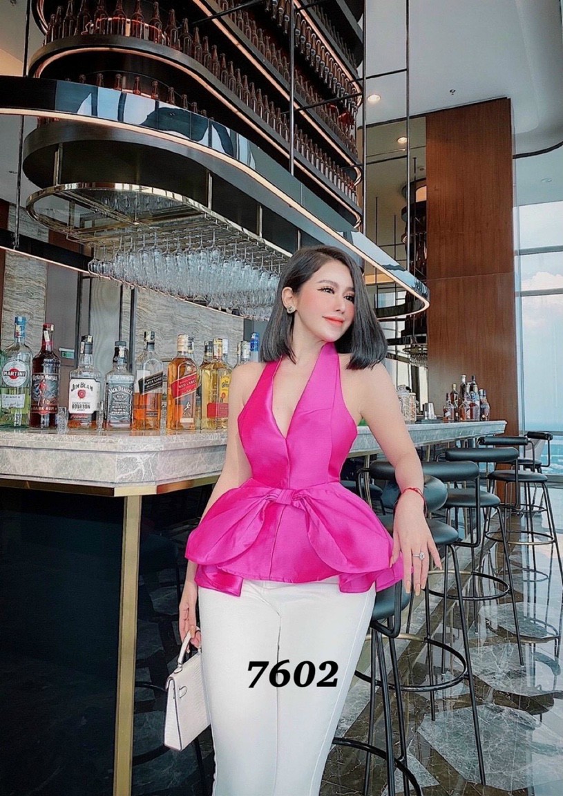Áo nữ cổ yếm đính nơ xòe eo chất phi lụa cao cấp