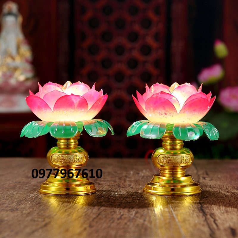 Đèn thờ cúng hoa sen, đèn để bàn thờ, đèn thờ phật, đèn hoa sen, đèn pha lê (N007)