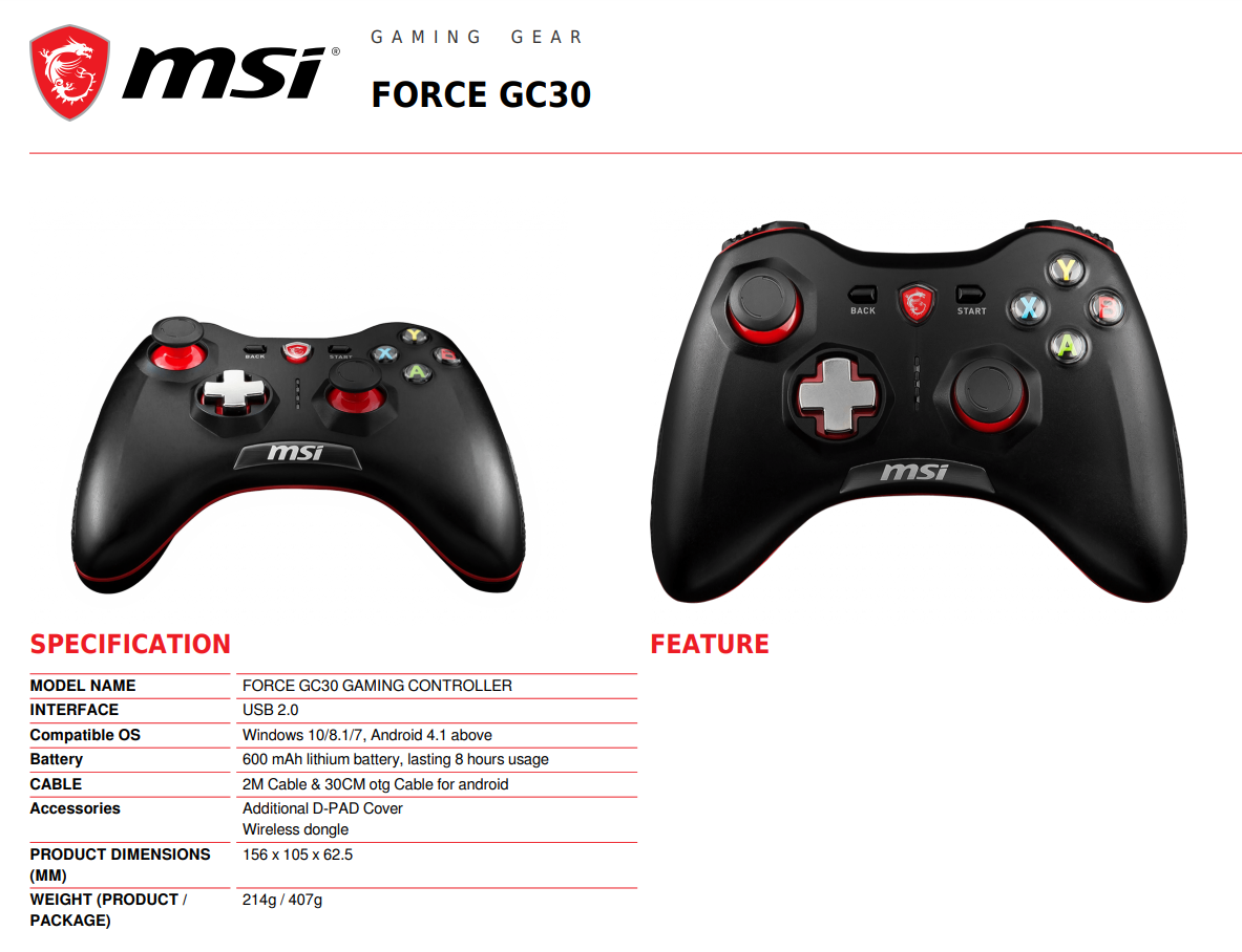 Tay cầm chơi game không dây MSI Force GC30
