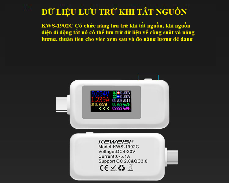 USB tester kiểm tra dòng và áp 2 chiều cổng type-c KWS - 1902C