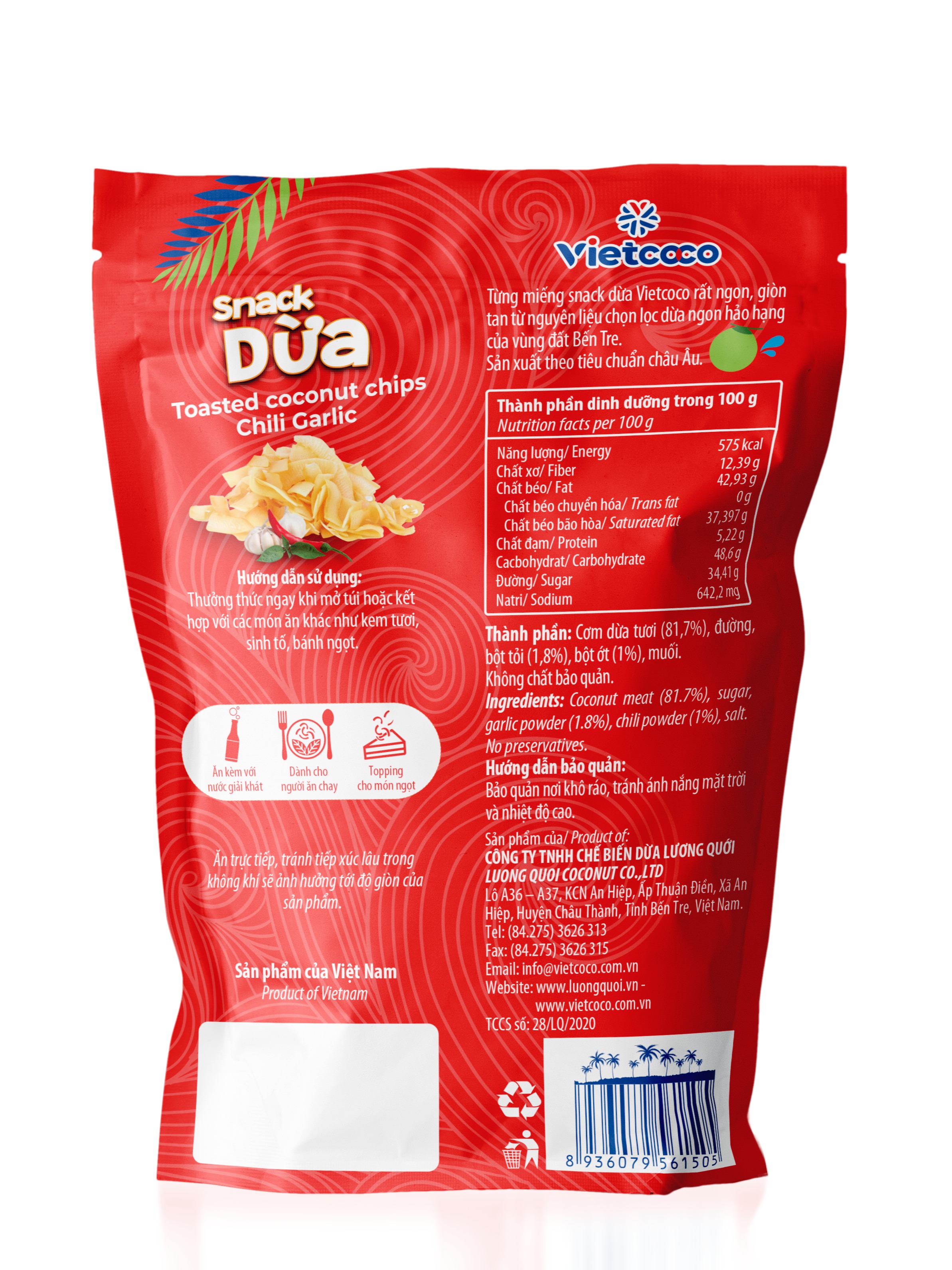 Snack dừa Vietcoco vị tỏi ớt túi 45gr
