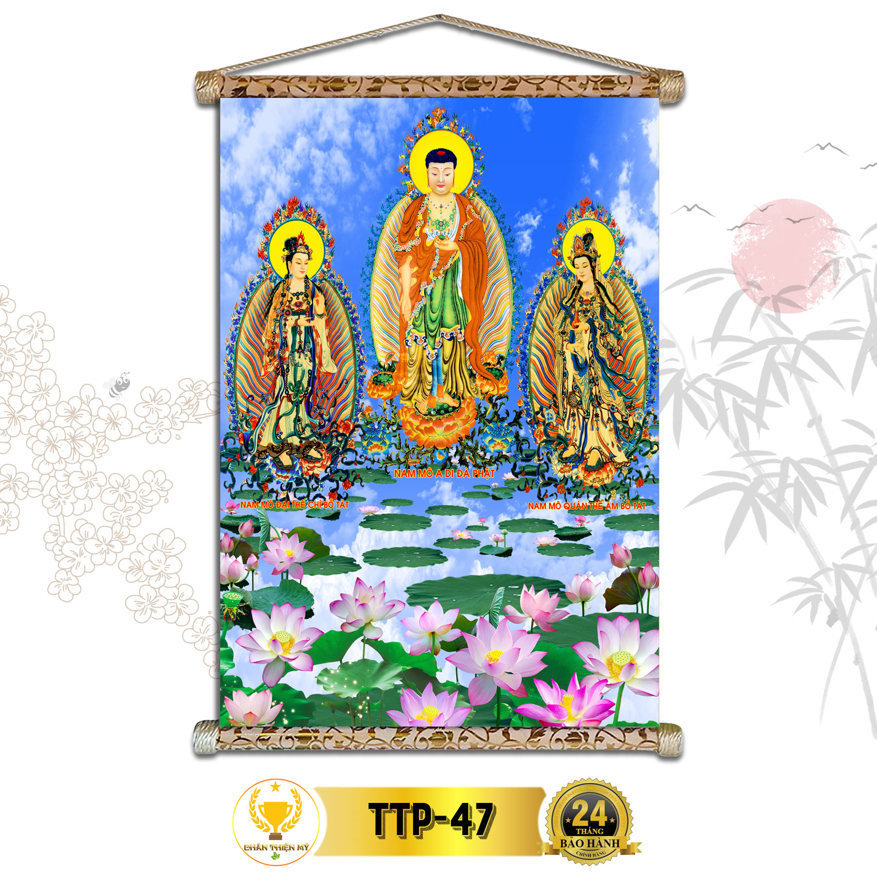 Tranh phật treo tường chân thiện mỹ, tranh vải phủ kim sa 40x60cm,tranh quan thế âm bồ tát đứng qabtđ-42