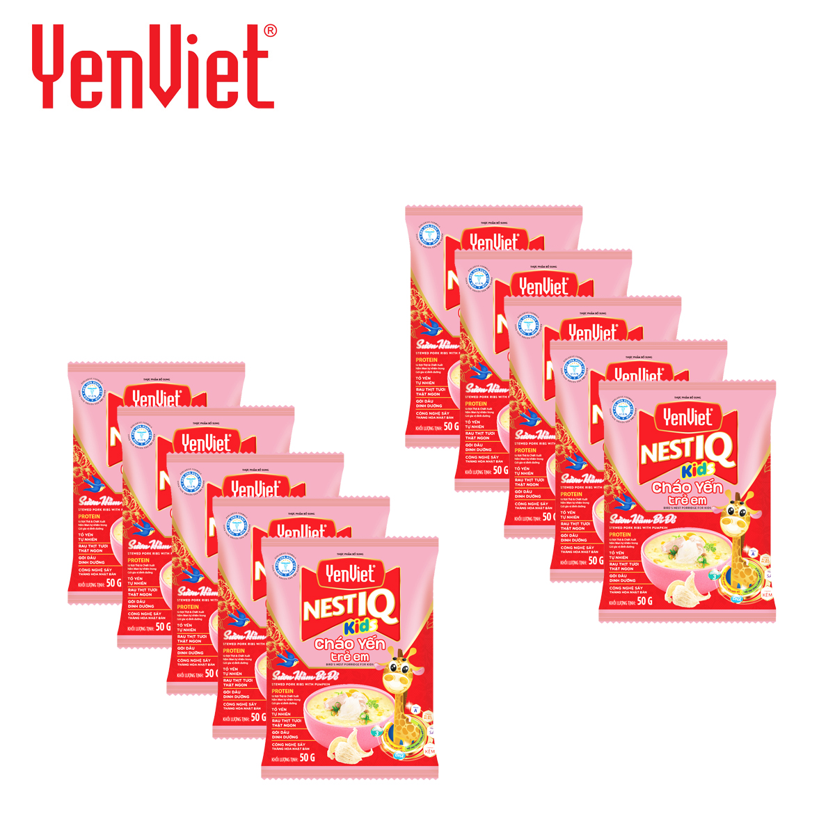 Combo 10 gói cháo yến trẻ em vị sườn hầm bí đỏ nest iq for kid bird’s nest porridge stewed pork ribs with pumpkin flavor yến việt