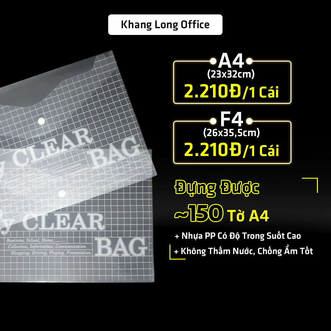 Bìa Sơ Mi A4/F4 My Clear Bag, Bìa Nút Nhựa PP Dày Trong Suốt  Bảo Vệ Tài Liệu, Không Thấm Nước