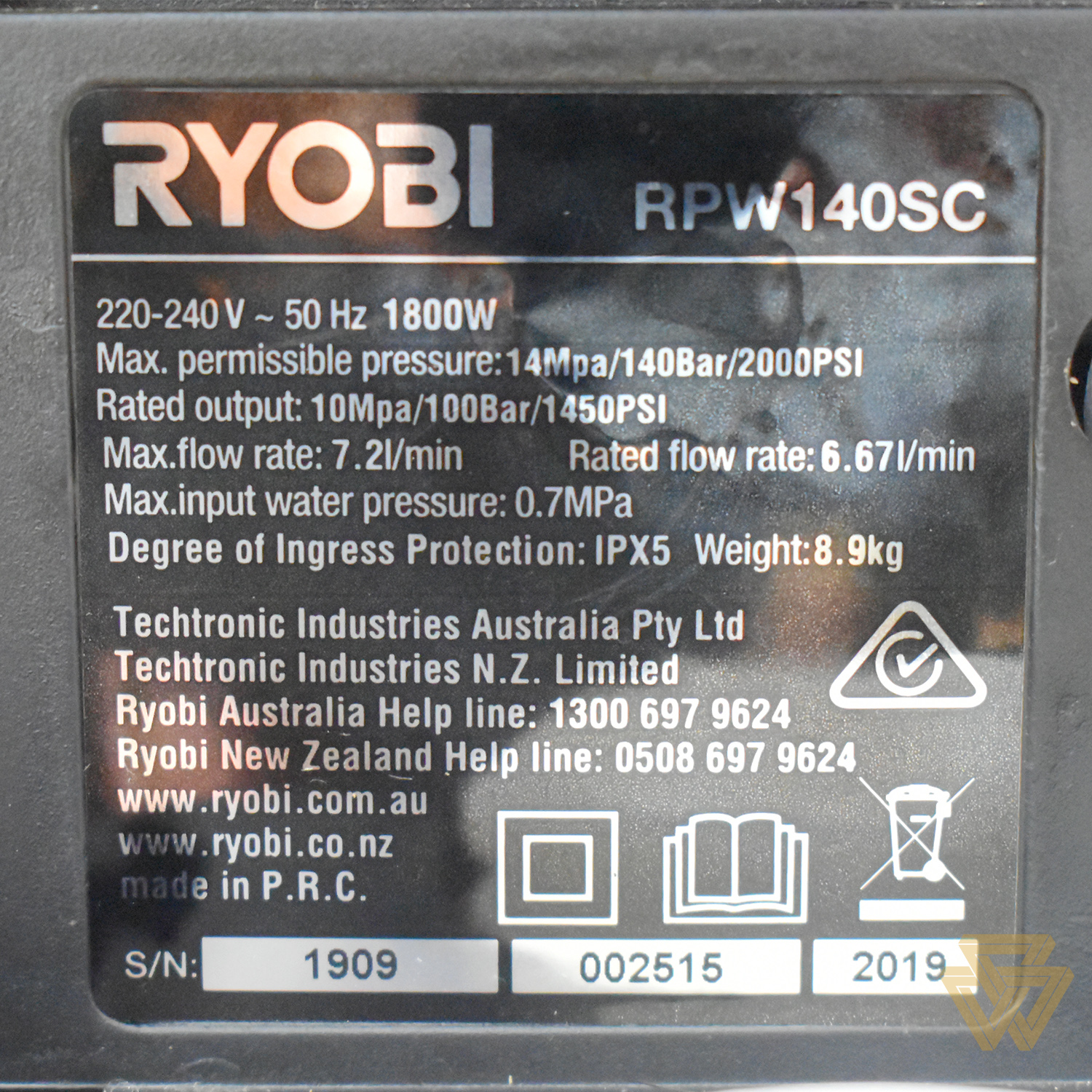 Máy Rửa Xe Cao Áp 1800W 2000PSI Ryobi RPW140SC